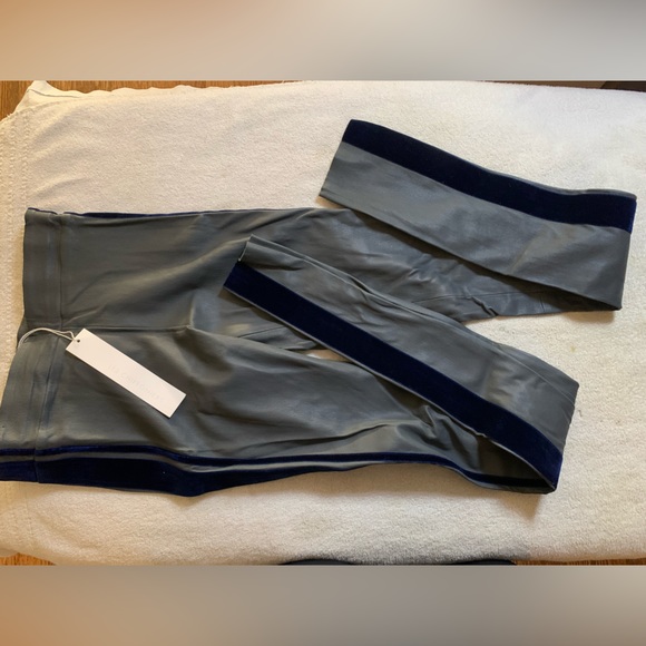 🚫 SOLD Les Chiffoniers Grey Leather pants w/ Blue Velvet Trim - Picture 3 of 5